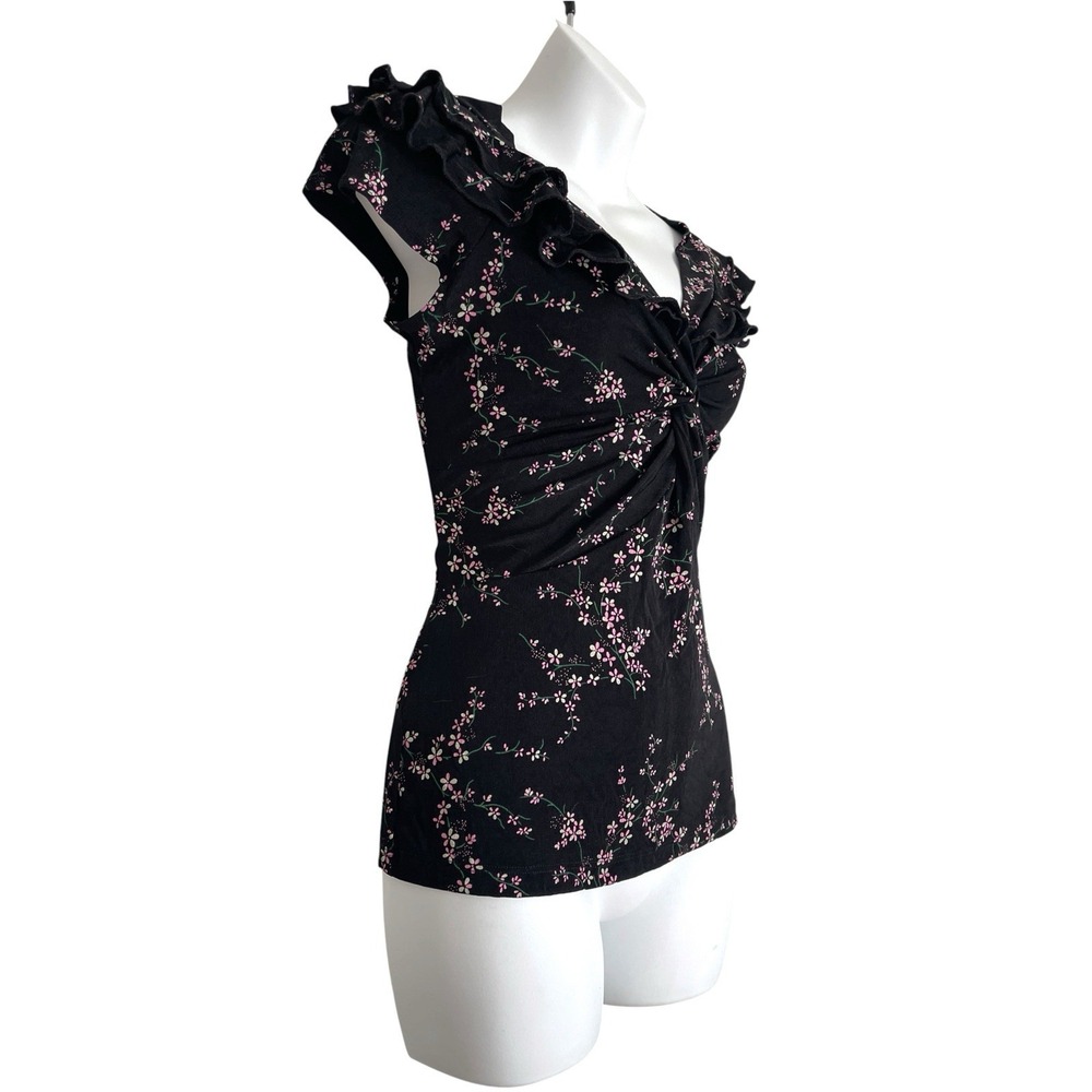 Vintage Y2K DressBarn Babydoll Black Floral Top Sz S Fairycore Dark Coquette - Picture 4 of 10